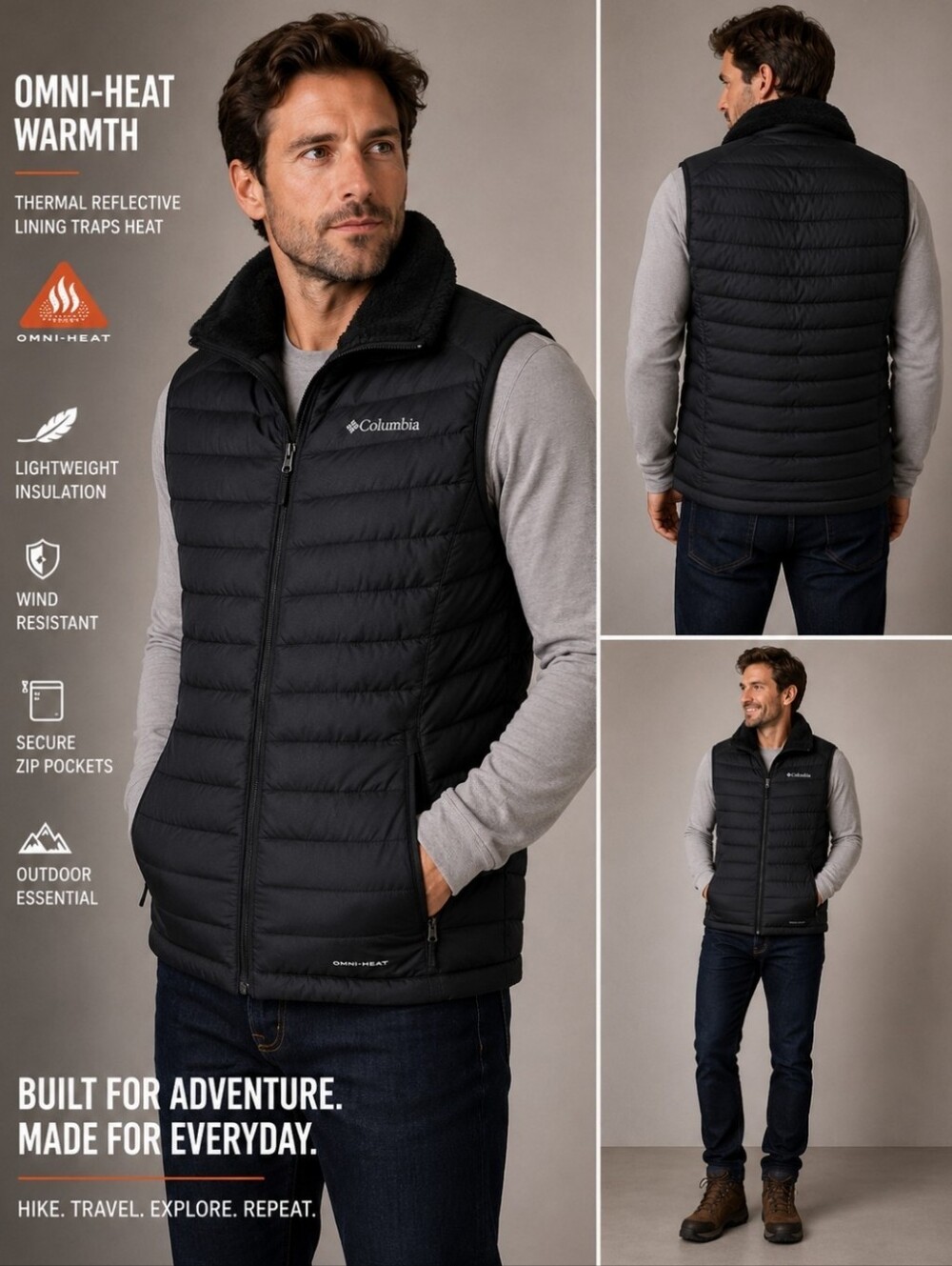 Columbia Omni Heat XL Black Puffer Vest Fleece Collar Gorpcore Hiking Outdoor